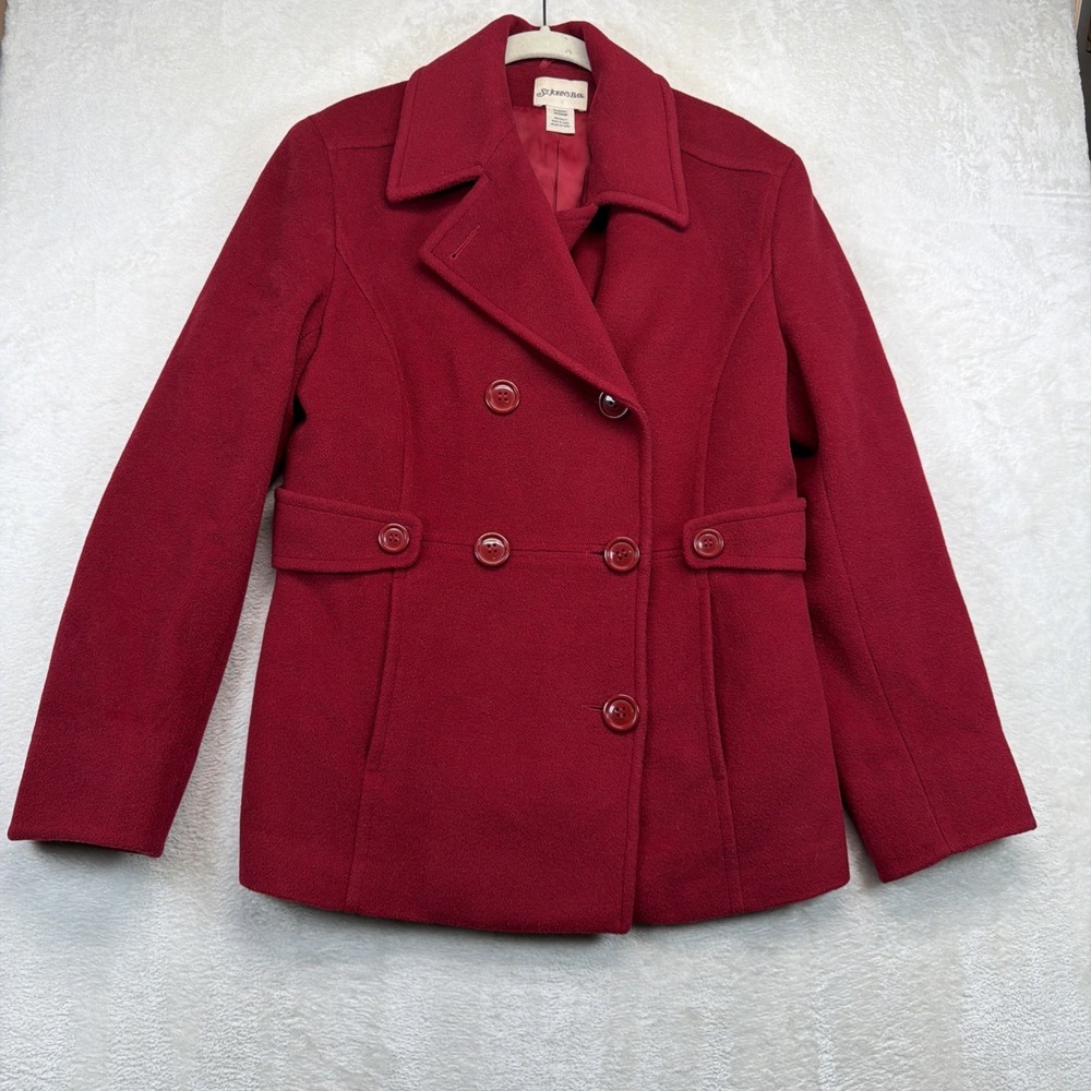 St John's Bay Women's Red Wool Blend Double Breasted Peacoat Medium Cashmere